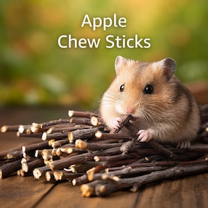 May include: A small, brown hamster chewing on an apple chew stick. The hamster is surrounded by a pile of brown chew sticks. The words "Apple Chew Sticks" are in white text at the top of the image. The background is a blurred green and brown.