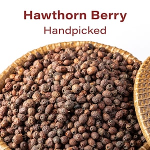 May include: A close-up shot of a woven basket filled with dried hawthorn berries. The berries are small, round, and dark brown. The text "Hawthorn Berry Handpicked" is displayed in a maroon font at the top of the image.