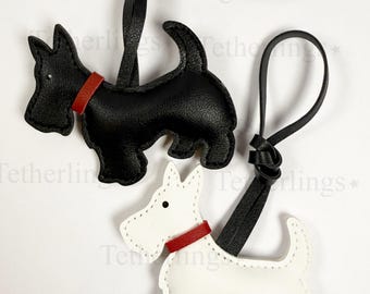 Black and White Scottie Dog Vegan Leather Bag Charm, Hand-Stitched Animal Purse Keychain