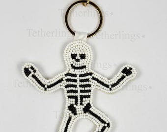 Dancing Skeleton Halloween Clip Beaded Bag Charm: Handmade Key chain