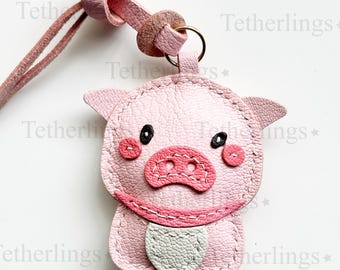 Portachiavi a forma di maialino in vera pelle cucito a mano, accessorio per borsa.