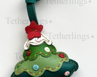 Hand-Stitched Genuine Leather Christmas Tree Bag Charm, Holiday Accessory