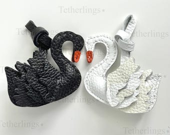 Swan Black White Genuine Cowhide Leather Charm, Handmade Bag Purse Backpack Key Chain