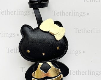 Black Gold Kitty Vegan Leather Bag Charm, Hand-Stitched Keychain Accessory
