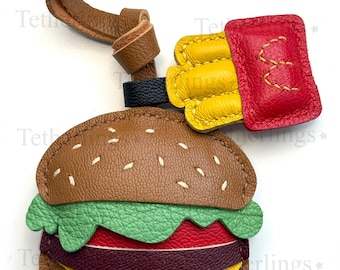 Portachiavi in vera pelle con cheeseburger e patatine fritte, realizzato a mano per borse, zaini.