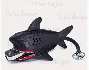 Hand-Stitched Genuine Leather Shark Key Holder Charm, Bag Purse Keychain Accessory