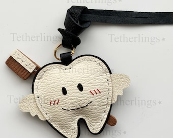 Tooth Charm, Genuine Leather Hand-Stitched Bag Keychain, Dentist Gift