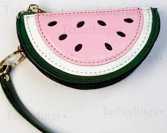 Portachiavi con cerniera a forma di anguria rosa, portamonete in vera pelle di vacchetta, realizzato a mano.
