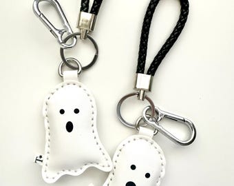 Spooky Ghost Halloween Vegan Leather Bag Charm, Hand-Stitched Keychain Accessory