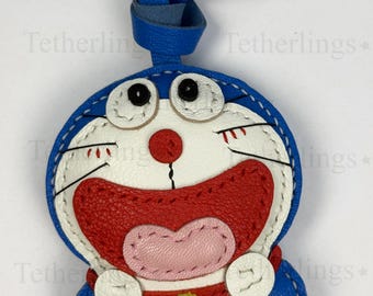 Colgante de piel de Doraemon cosido a mano para bolso, accesorio para bolso de gato robot de dibujos animados
