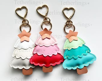 Hand-Stitched Vegan Leather Christmas Tree Charm, Heart Keychain Accessory