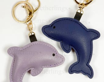 Dolphin Vegan Leather Bag Charm, Hand-Stitched Marine Animal Purse Keychain
