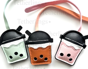 Hand-Stitched Vegan Leather Boba Tea Bag Charm, Handbag Purse Keychain Accessory