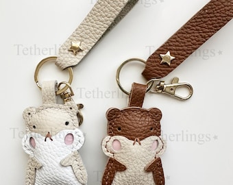 Genuine Leather Hamster Charm, Hand-Stitched Bag Keychain Accessory