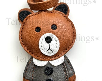 Genuine Leather Bear Charm, Hand-Stitched Animal Bag Accessory