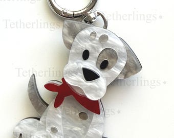 Acrylic White Spotted Dog Pendant Brooch and Keychain