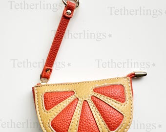 Orange Slice Zipper Pouch, Hand-Stitched Vegan Leather Bag Charm