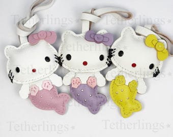 Colgante de piel MerKitty cosido a mano para bolso, accesorio para bolso de sirena Kitty