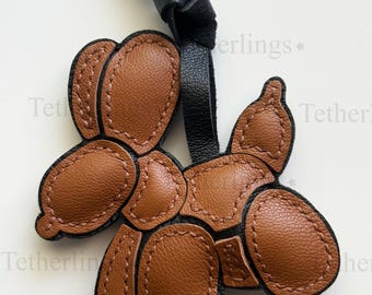 Brown Balloon Dogs Genuine Leather Charm, Handmade Bag Purse Backpack Key Chain