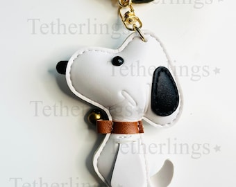 Hand-Stitched Vegan Leather Dog Charm Keychain, White Snoopy Style Bag Accessory