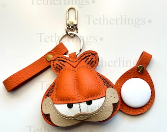 Hand-Stitched Genuine Leather Orange Cat Bag Charm and Airtag Holder