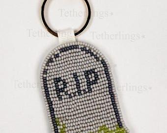 Gravestone Headstone Cemetery Halloween Clip Beaded Bag Charm: Handmade Key chain