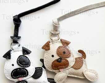 Hand-Stitched Leather Puppy Dog Charm, Bag Purse Backpack Key Chain