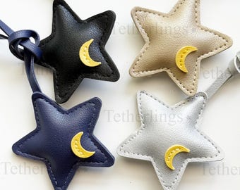 Star and Moon Leather bag Charm Leather Handbag Purse Keychain