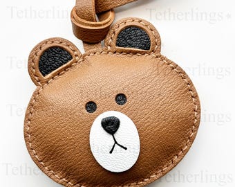 Teddy Bear Leather Bag Charm: Hand-Stitched Cowhide Keychain