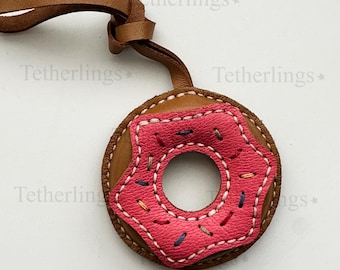 Hand-Stitched Leather Donut Charm, Strawberry Raspberry Bag Purse Keychain