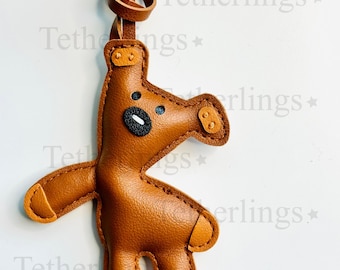 Hand-Stitched Vegan Leather Teddy Bear Bag Charm, Floppy Stuffed Animal Keychain