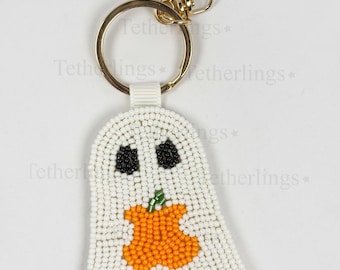 Cute Ghost with Pumpkin Halloween Clip Beaded Bag Charm: Handmade Key chain