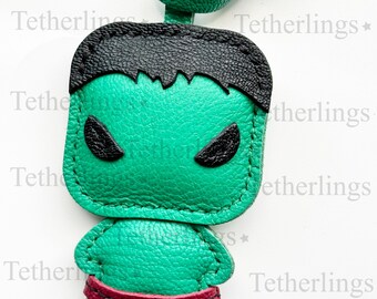Hand-Stitched Leather Superhero Charm, Green Mean Guy Bag Accessory