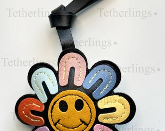 Hand-Stitched Vegan Leather Flower Bag Charm, Smiley Face Keychain Accessory