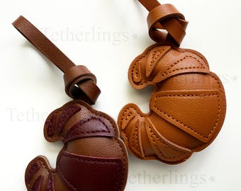 Croissant Vegan Leather Bag Charm, Hand-Stitched Purse Keychain Accessory