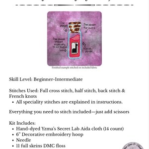 May include: Cross stitch kit featuring a design of a poison bottle with a llama, with text that reads "Pull the lever - That Poison Cross Stitch Kit". Includes a 6-inch embroidery hoop, needle, floss, and instructions. Skill level: Beginner-Intermediate.