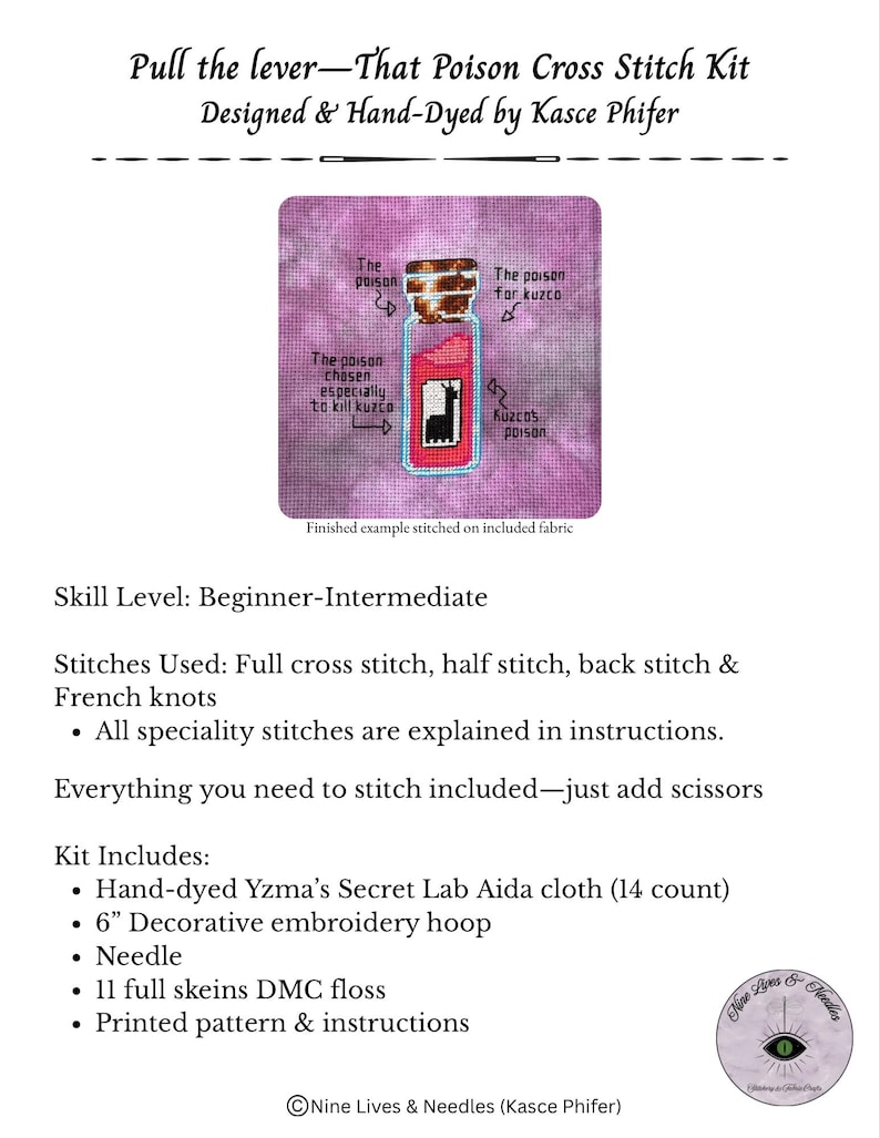 May include: Cross stitch kit featuring a design of a poison bottle with a llama, with text that reads "Pull the lever - That Poison Cross Stitch Kit". Includes a 6-inch embroidery hoop, needle, floss, and instructions. Skill level: Beginner-Intermediate.