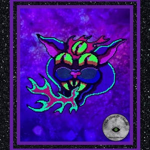 May include: A cross-stitch embroidery featuring a stylized cat head with three eyes, wearing dark sunglasses, and breathing green flames. The design uses vibrant neon purple, pink, and green threads against a dark background. A circular logo reads Nine Lives & Needles.