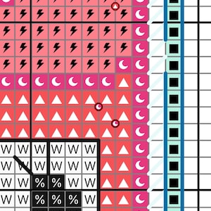 May include: A cross-stitch pattern with a pink and red design, featuring lightning bolts, triangles, and crescent moons. The pattern includes a black and white section with the letters "W" and the percent symbol. A blue and black border is on the right.