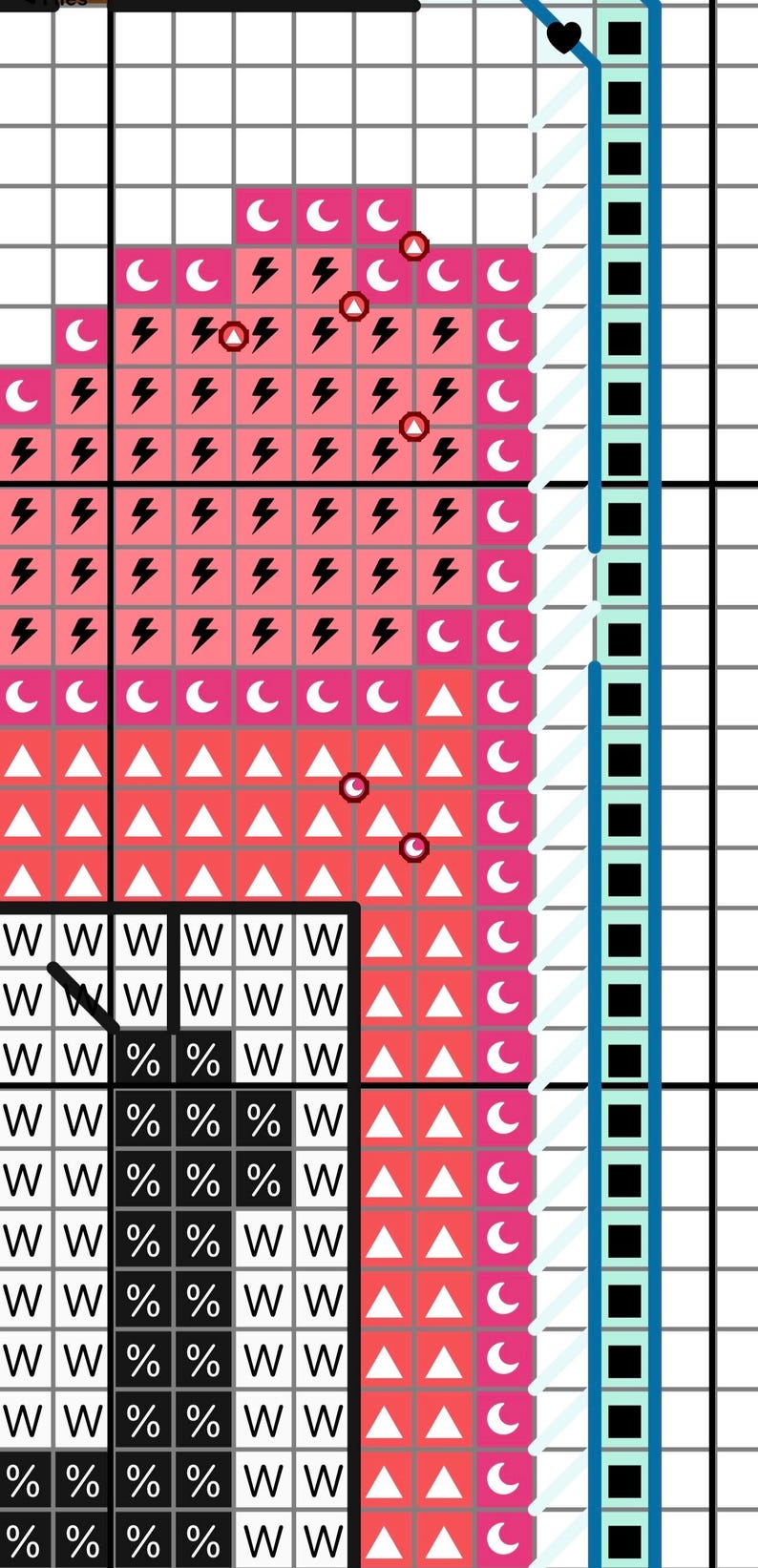 May include: A cross-stitch pattern with a pink and red design, featuring lightning bolts, triangles, and crescent moons. The pattern includes a black and white section with the letters "W" and the percent symbol. A blue and black border is on the right.