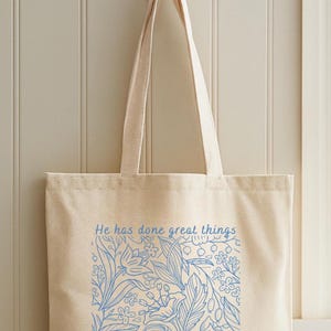 Draagtas met Psalm 126:3, Hij heeft grote dingen gedaan, Christelijk cadeau voor vrouwen, Canvas draagtas met Bijbelvers, Tas met bloemenmotief en Bijbeltekst, Cadeau voor gelovigen