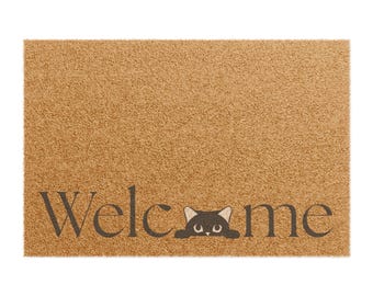 Felpudo para gatos, Felpudo de bienvenida para gatos que miran fijamente, Felpudo para amantes de las mascotas, Felpudo de entrada de fibra de coco