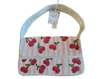 Viral Handcrafted Beaded Pink White Striped Cherries Cherry Bag Purse NWT
