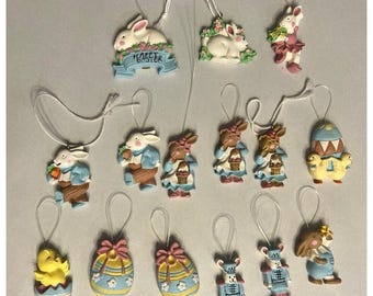 A Lot Of 15 Vintage Mini Resin Flat Back Easter Tree Ornaments Bunnies and Eggs