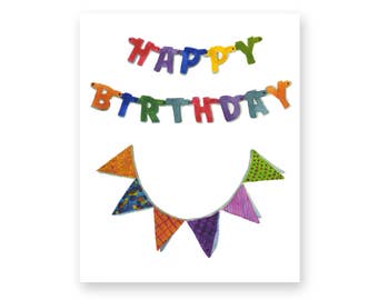 Happy Birthday Card - b-day banner card HBD, kids birthday card, birthday gift card, neutral birthday, neutral card, handpainted birthday