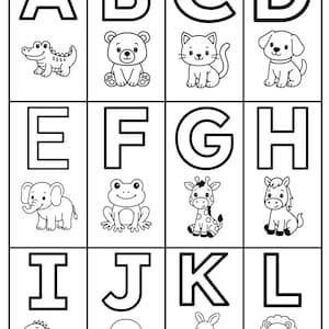 Puede incluir: Tarjetas del alfabeto en blanco y negro con las letras de la A a la L. Cada letra va acompañada de una ilustración de un animal, como un caimán, un oso, un gato, un perro, un elefante, una rana, una jirafa, un caballo, una iguana, una medusa, un canguro y un león.