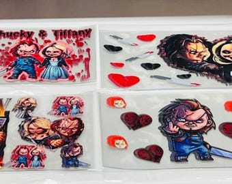 ¡Envolturas DTF UV de 16 oz de Chucky y Tiffany Horror!