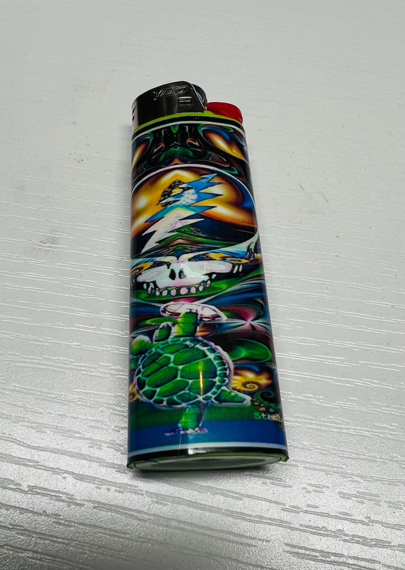 Puede incluir: Un encendedor colorido con un dise&ntilde;o vibrante que presenta una calavera, un rayo y una tortuga verde. El encendedor tiene una parte superior negra con un bot&oacute;n de encendido rojo y una base azul.