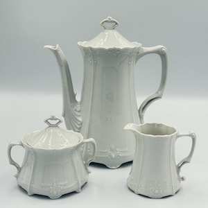 Vintage Tirschenreuth Baronesse Espresso Service Set – 3 Piece Set (Alt Tirschenreuth 1838 Bavaria, White Embossed Porcelain)