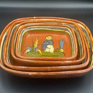 Vintage mexikanische rote Ton-Nestschalen - Set mit 4 flachen Terrakotta-Volkskunst
